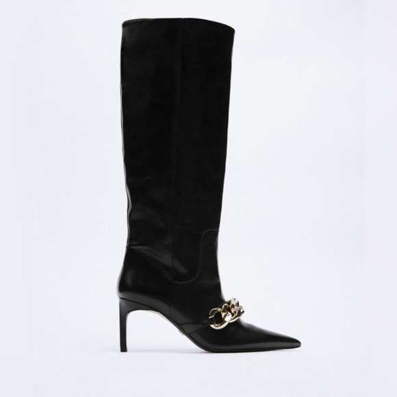 NWT Bloggers Favorite Rare Zara High Heeled Chunky Chain Detail Leather Boots - Picture 6 of 17